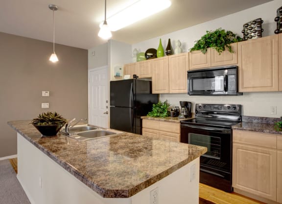 Modern kitchen here at Aspire at Pinnacle Peak Apartments with light wood cabinets and dark countertops. Black appliances include a fridge and oven. Plants and decor on top of cabinets add greenery.