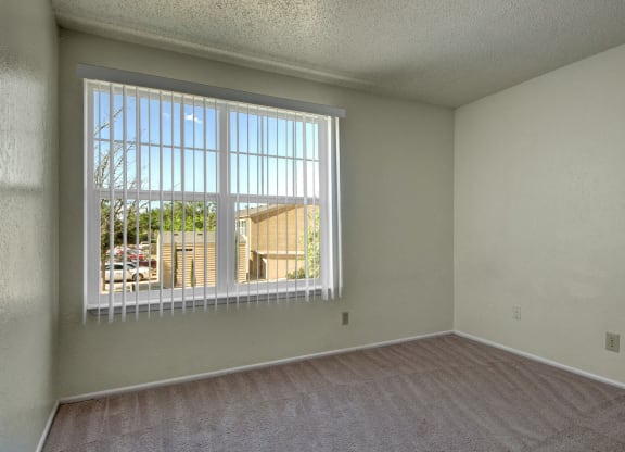 an empty living room with a large window