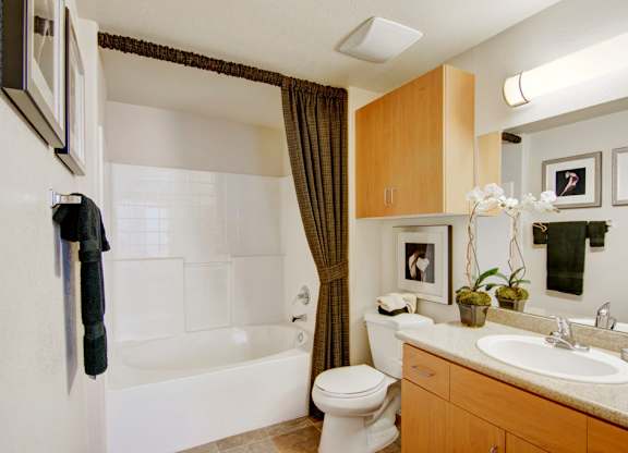 A bright and well-appointed bathroom here at Bela Rosa featuring a white tub and shower combination with tiled surround and a dark curtain for contrast. A light wood vanity with a smooth countertop and integrated sink provides storage below and above, complemented by a large mirror, modern vanity lighting, and stylish accents for a clean, comfortable feel.