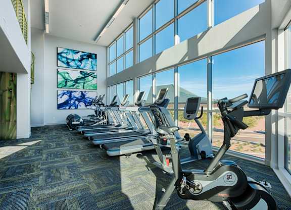 A light-filled fitness center here at Skywater at Tempe Town Lake showcasing a long row of modern treadmills, ellipticals, and stationary bikes arranged along dramatic floor-to-ceiling windows, with patterned carpet flooring, high ceilings, and colorful abstract wall art creating an open, motivating workout environment.