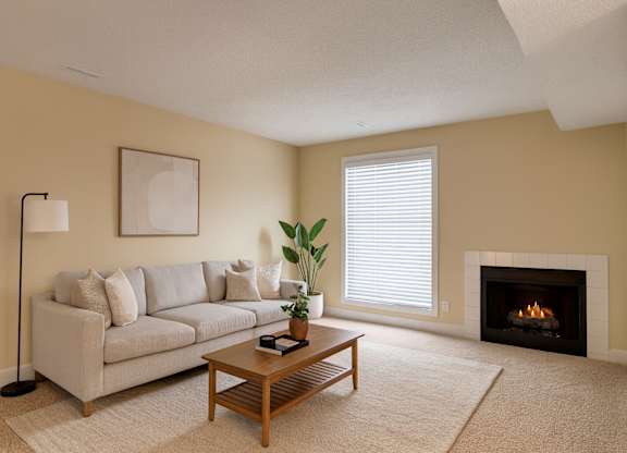 A cozy living room here at 3600 Brentwood with soft beige carpet, a light gray sofa, a wooden coffee table, and a warm fireplace, accented by a bright window with white blinds and simple modern decor.