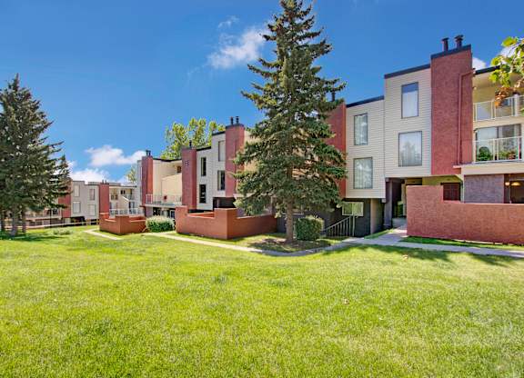 A landscaped courtyard here at 3600 Brentwood with a wide grassy lawn, mature evergreen trees, and charming multi-story apartment buildings with private patios and balconies under a bright blue sky.