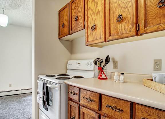 Compact kitchen here at Madison Park Apartment Homes with rustic wooden cabinets above a white electric stove. Countertop holds utensils in a red holder and salt & pepper shakers, creating a cozy feel.