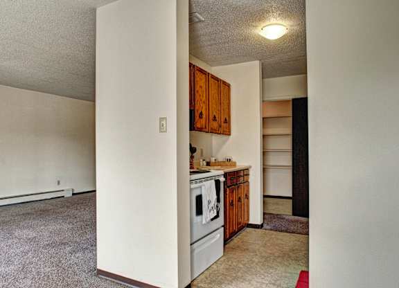 Simple apartment interior here at Madison Park Apartment Homes with beige walls, carpeted living area, and small kitchen. Kitchen features wooden cabinets and a white stove. Mood is plain and functional.