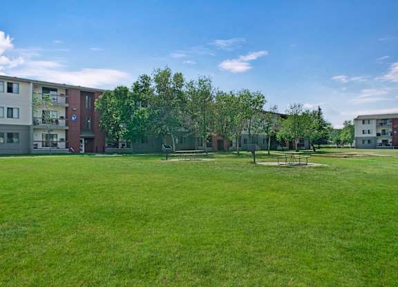 Madison Park Apartment Homes buildings surround a lush green lawn with picnic tables and trees under a clear blue sky, conveying a serene residential atmosphere.