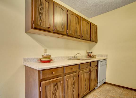 A cozy kitchen here at Ventana featuring warm wood cabinetry, a light laminate countertop with an integrated sink, built-in dishwasher, vinyl tile flooring, and simple staged dishware, with neutral walls and overhead lighting that create a functional and inviting galley-style layout.