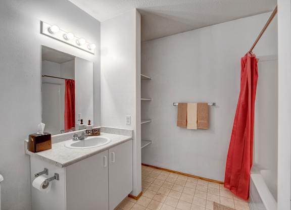 A clean bathroom vanity area here at Willowview Terrace with a white sink countertop, a large wall mirror, and bright overhead lighting. Open shelving provides extra storage space, while a towel bar and a simple tub-and-shower combo with a red shower curtain complete the practical layout.