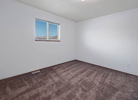 A clean, open bedroom here at Willowview Terrace with soft carpeting, bright white walls, and a simple ceiling light overhead. A wide window with blinds brings in natural light, creating a fresh and flexible space with room for your own furniture layout.