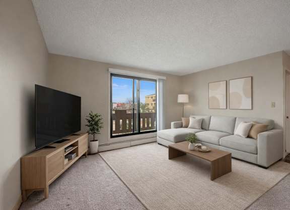 A bright living room here at Wyndham Crossing with a cozy light gray sectional sofa, neutral throw pillows, and simple wall art above the seating area. A large sliding glass door brings in natural light and opens to a private balcony, while a modern TV console, soft area rug, and small coffee table complete the clean and inviting space.