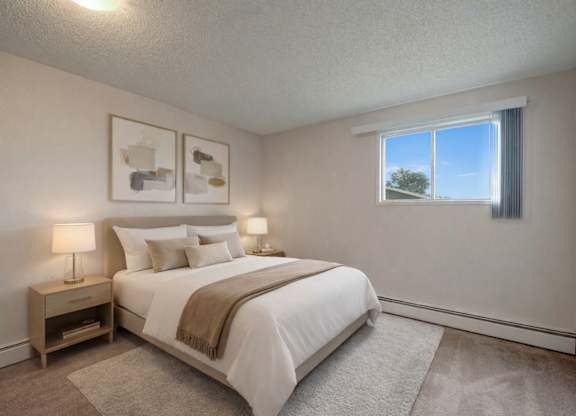 A bright, relaxing bedroom here at Wyndham Crossing with a cozy bed dressed in crisp white bedding, neutral accent pillows, and a soft beige throw blanket. Two matching nightstands with modern lamps sit on either side, while simple wall art and a large window bring in natural light above the plush carpet.
