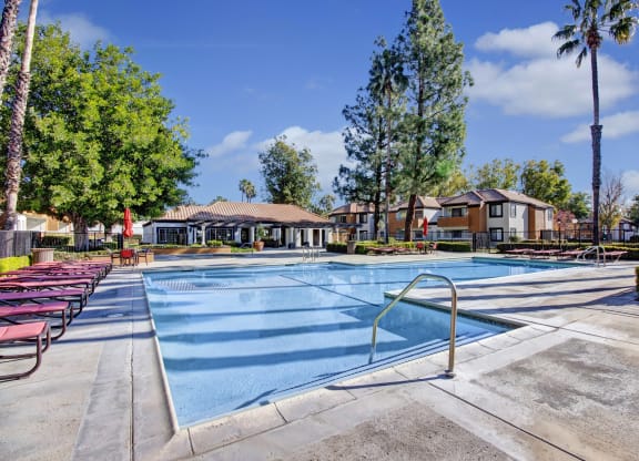 Outdoor pool area here at Castlepark Apartment Homes with lounge chairs and umbrellas, surrounded by trees and residential buildings under a clear blue sky. Calm and inviting atmosphere.