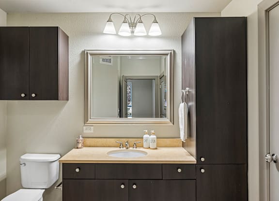 A bathroom with a sink, mirror, and toilet.
