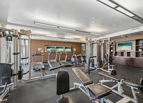A gym with a variety of equipment including treadmills, weight machines, and benches.