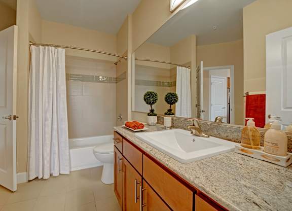 A bathroom with a sink, mirror, and shower.