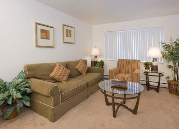 A cozy living room here at Hyde Park North Apartments with beige carpet and light neutral walls, featuring a comfortable sofa with accent pillows, a patterned armchair, and a glass-top coffee table. Table lamps, framed wall art, vertical blinds, and potted plants add warmth and a welcoming, home-like feel to the space.