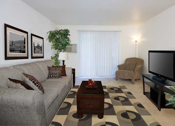 A cozy living room here at Hyde Park Apartments with beige carpet and soft neutral walls, furnished with a fabric sofa accented by patterned pillows, a matching armchair, and a geometric area rug. A media stand with a television sits along the wall, while a floor lamp, framed wall art, and indoor plants add warmth and comfort.