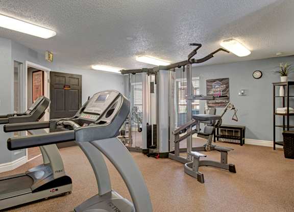 A modern fitness center here at Windtree featuring treadmills, strength training machines, and free-weight equipment arranged in an open layout with carpeted flooring, bright overhead lighting, light gray walls, wall mirrors, and large windows that create a clean, functional workout space.