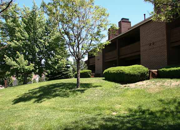 A peaceful landscaped outdoor area here at Windtree showcasing a gently sloping grassy lawn with mature leafy trees, trimmed shrubs, and shaded green space surrounding the apartment buildings, creating a park-like setting with natural sunlight, open views, and a quiet residential atmosphere.