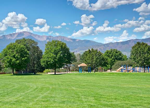 A expansive grassy park area here at Windtree featuring a wide open green lawn bordered by mature trees, a nearby playground with slides and swings, and scenic mountain views in the background under a bright blue sky with scattered clouds.