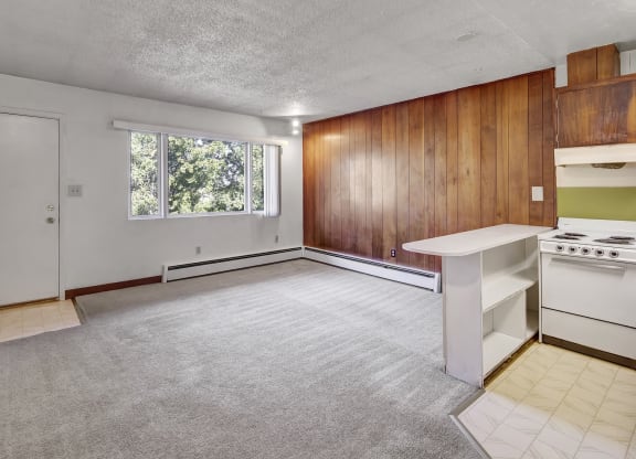 Empty living room here at Country Lane Apartments with gray carpet, wood-paneled accent wall, and a large window showing greenery. A compact kitchen with a stove is visible to the right.