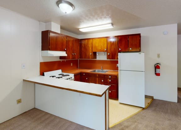 Small kitchen here at Country Lane Apartments with wood cabinets, white appliances, and orange countertops. Cozy ambiance with carpet flooring and a fire extinguisher on the wall.
