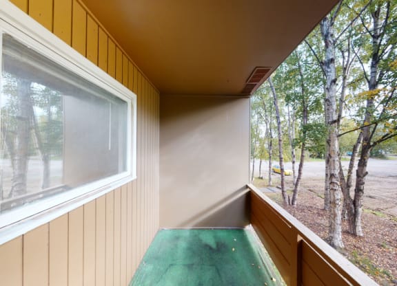 Small balcony here at Country Lane Apartments with green carpeted floor and brown wooden walls overlooks a parking area and trees. The setting is calm and outdoors.