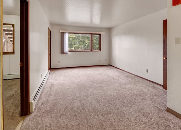 Living room here at Driftwood Apartments with beige carpet, white walls, and a large window revealing greenery outside. The space feels quiet and spacious, with wooden trim accents.