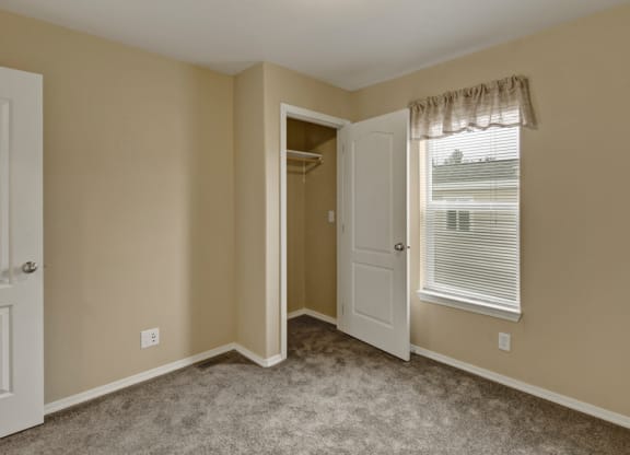 Beige bedroom here at Four Seasons Apartments with plush gray carpet, open closet, and window with blinds. Sunlight brightens the space, creating a calm, inviting atmosphere.