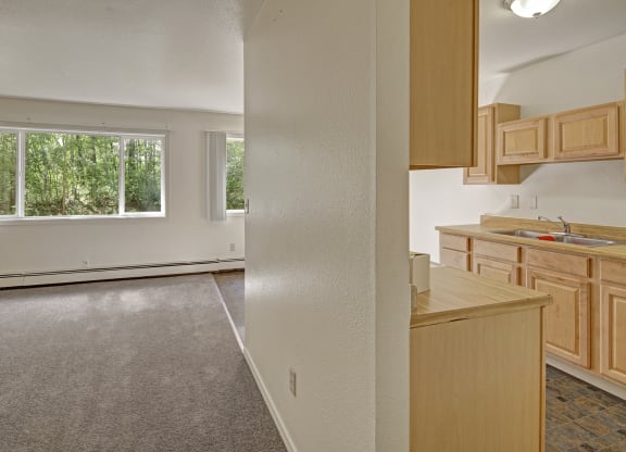 Spacious apartment interior here at The Glen Apartments with a beige carpeted living area, large windows showing green foliage, and an adjoining kitchen with wood cabinets. Light and airy ambiance.