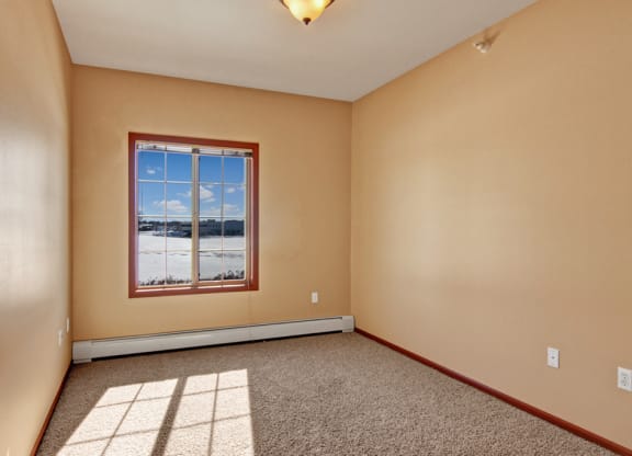 Empty room here at Grand River Estates Apartment Homes with beige walls and carpet, featuring a large window framing a snowy landscape and blue sky. The atmosphere is calm and serene.
