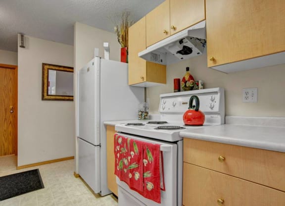 a kitchen with a white stove and a refrigerator