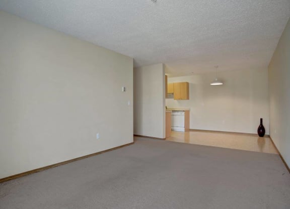an empty living room and kitchen with a vase on the floor