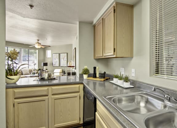Modern kitchen here at Mirador Apartments with light wood cabinets, gray countertops, and a double sink. On the counter, there are small potted plants, a tray with a teapot, and a view into a cozy living room with large windows, a ceiling fan, and art on the walls.