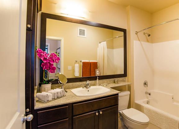 A bathroom with a sink, mirror, toilet, and bathtub.