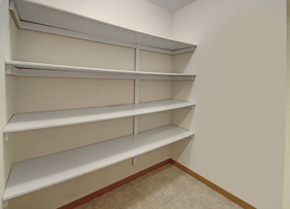 Empty shelves in a room with white walls.
