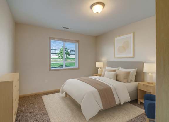 A cozy bedroom here at Pheasant Ridge featuring soft neutral walls, a queen-sized bed with white bedding and a taupe accent throw, matching bedside tables with modern lamps, a light area rug over plush carpet, minimal wall art above the headboard, and a window that brings in natural light and views of green landscaping.
