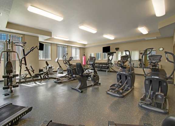 A spacious fitness center here at Williston Garden Apartments with a variety of cardio machines, strength equipment, and free weights arranged across an open layout. Mirrored walls, large windows, and bright overhead lighting create an energizing environment, while durable flooring supports comfortable daily workouts for residents.