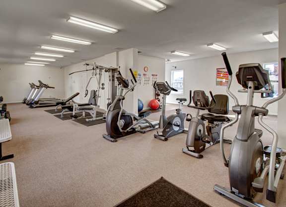 A spacious, well-lit fitness center here at Windscape Apartments featuring a variety of cardio machines, including ellipticals, stationary bikes, and treadmills, along with strength training equipment and free weights. The open layout, neutral flooring, wall mirrors, and bright overhead lighting create an inviting space for residents to work out comfortably.