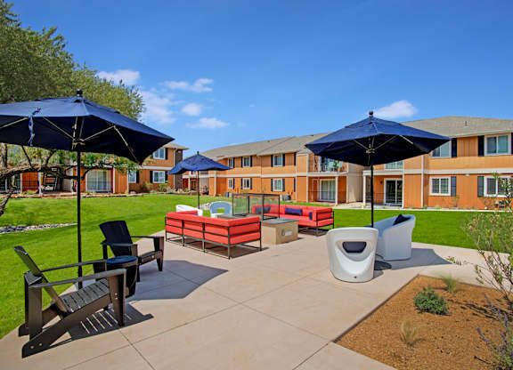A sunny day at the outdoor seating area of a residential building.