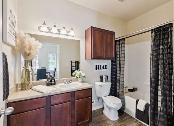 A bathroom space here at Lincoln at Central Park featuring a dark wood vanity, black shower curtain, bright mirror lighting, white tub and toilet, and warm neutral walls with clean, modern styling.