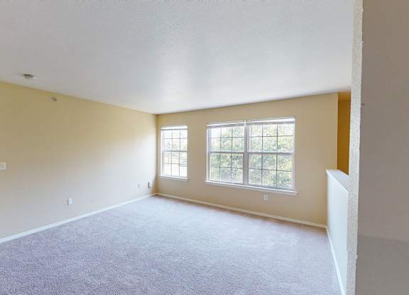 A spacious room with a carpeted floor and two windows.