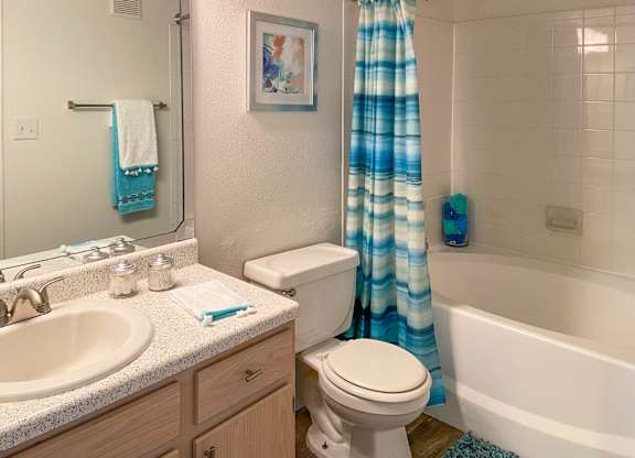 A bathroom with a white toilet, a sink, and a blue shower curtain.