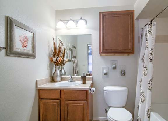 A bathroom with a white toilet and a wooden cabinet.