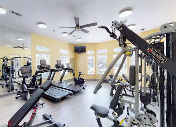 A gym with a variety of equipment including treadmills, weights, and a television.