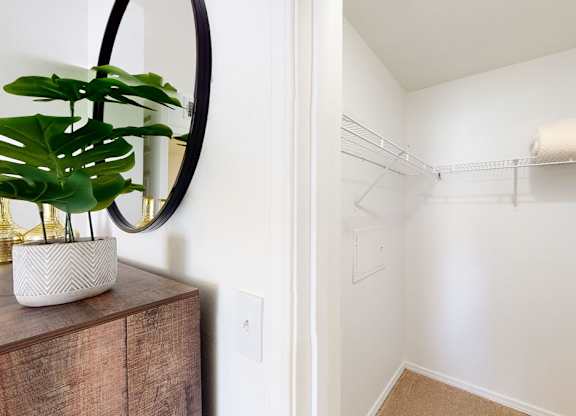 A bathroom with a towel on a shelf and a plant on a dresser.