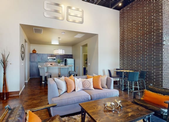 a living room with a couch and a table