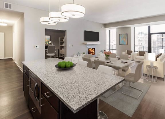 Nic on 5th Apartments in Minneapolis, Minnesota- large living room with wooden floors and views of Downtown West Minneapolis