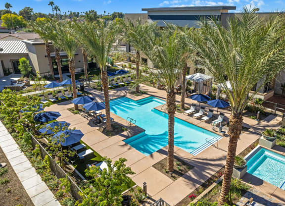 A serene pool area here at Reflect at Dobson Ranch Apartments surrounded by tall palm trees, blue umbrellas, and loungers on a sunny day. Cabana and lush greenery enhance the tropical resort vibe.