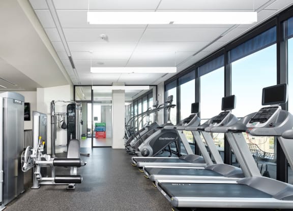 Bright, modern gym here at 4Marq Apartments with large windows, featuring treadmills, ellipticals, and weight machines. Clean, open space with a motivating ambiance.