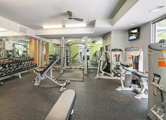 Modern gym here at Blue and Lime Apartments with weightlifting equipment, mirrors, and exercise machines. Bright lighting and a clean, organized atmosphere convey motivation.
